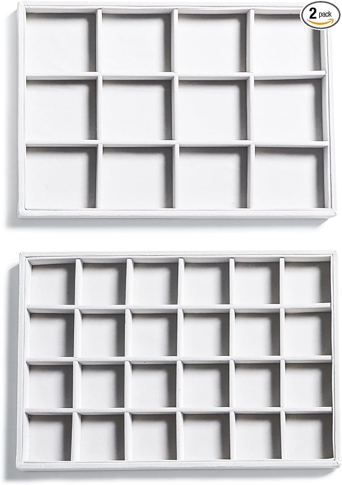 Jewelry Trays for Drawer,Set of 2 Jewelry Organizer and Storage | Velvet Material,Stackable,Adjustable Dividers,Drawer Inserts for Rings Studs Bracelet,Earring Organizer for Women Girls