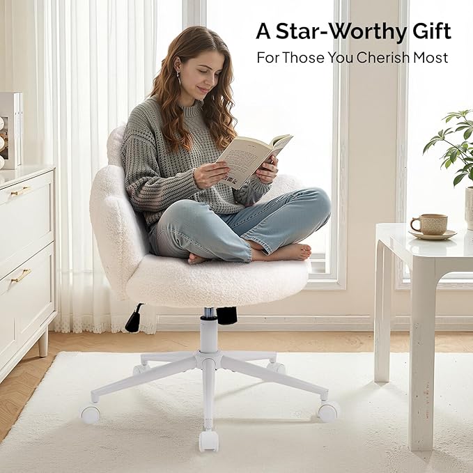 VINGLI Lovely Petal Vanity Desk Chair with Star Pillow, Height Adjustable Armless Swivel Chair in Vibrant Color-Blocking, Modern Computer Task Chair for Bedroom & Home Office, Teddy Fleece,White