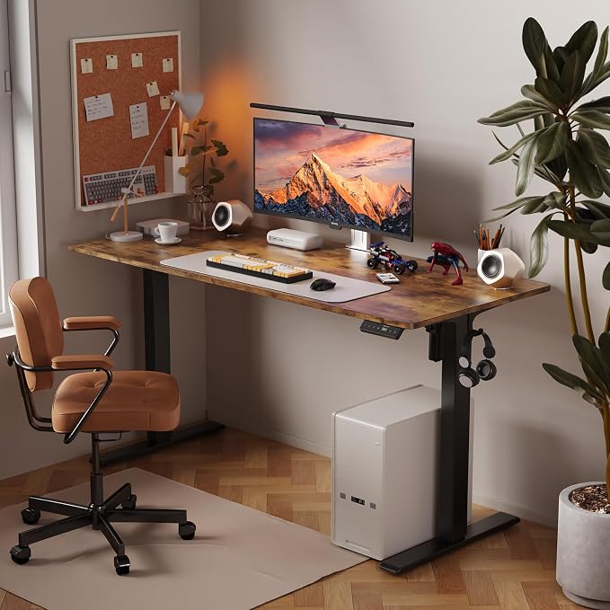 WALKINGDESK 55x24 Inches Height Adjustable Electric Standing Desk with 2 Hooks for Home Office, Ergonomic Sit Stand up Desk with Splice Board, Rustic Brown