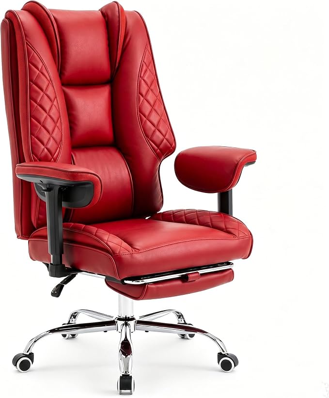 Big and Tall Office Chair，Heavy Duty Wide Executive Office Chair (Red) | Breathable Leather，Double-layered Backrest，Seat Cushion Designed of Deluxe Embroidery Leather，Foot Rest, Adjustable Armrests