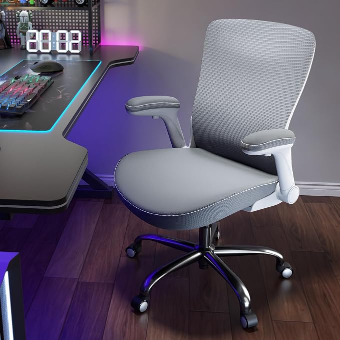 Ergalithic Office Home Ergonomic Desk Chair-Computer X-Shaped Chair Mesh PU Leather with Adjustable Lumbar Support-Executive Chair High Back Flip-Up Arms for Long Hours (White-Grey-No Headrest)