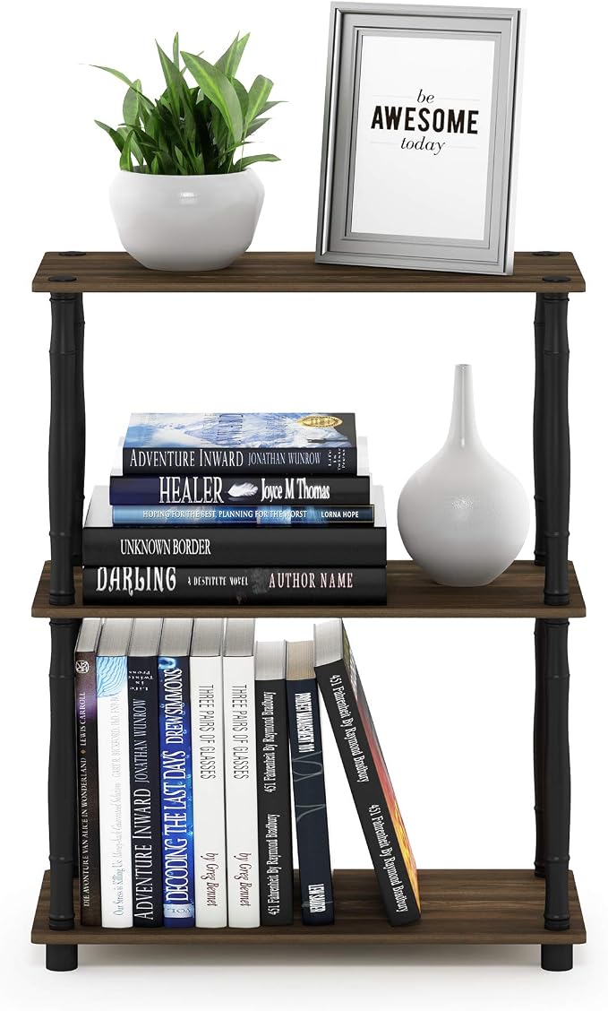 Furinno TURN-N-TUBE Storage Shelves, 3-Tier Book Shelf, Corner Shelf, Toolless Open Shelves, for Organization and Storage, Living Room, Garage, Home Office, Columbia Walnut