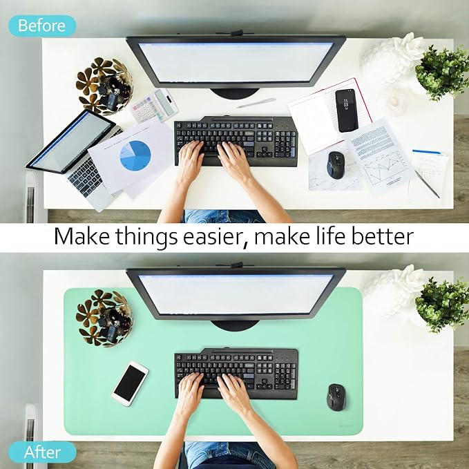 Green/Lake Blue Dual Sided PU Leather Desk Pad, Upgraded Sewing Laptop Mat, Waterproof Large Mouse Pad, Smooth Writing/Painting Mat Non-Slip Desk Protector/Decoration 31.5"x15.8" (80x40cm)