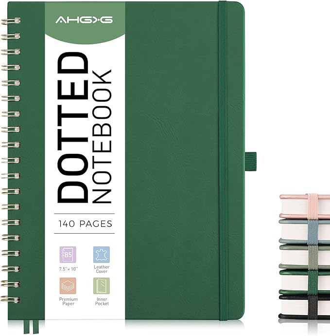 AHGXG HGXG Dotted Journal Spiral Notebook, Large B5 Dotted Notebook 140 Pages, Leather Hardcover, 100 GSM Thick Dot Grid Paper, Inner Pocket, for Dotted Journaling, 7.6" x 10", Green
