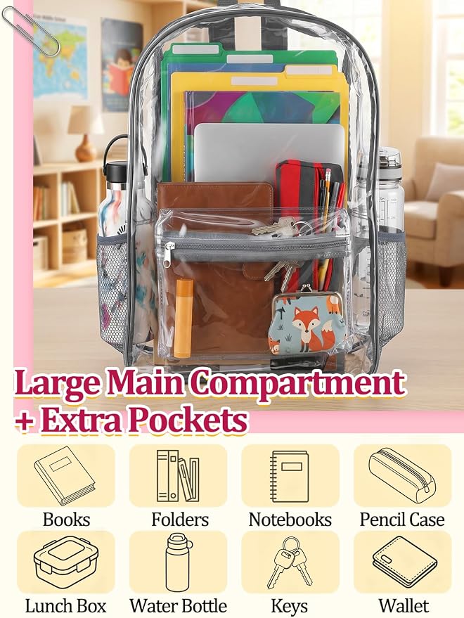 MADHOLLY 8 Pack Bulk Clear Backpack for School - 17" Large Transparent Bookbag for Kids/Girls/Boys/Charity/Stadium/Back to School Supplies, with Front and Side Bottle Pockets