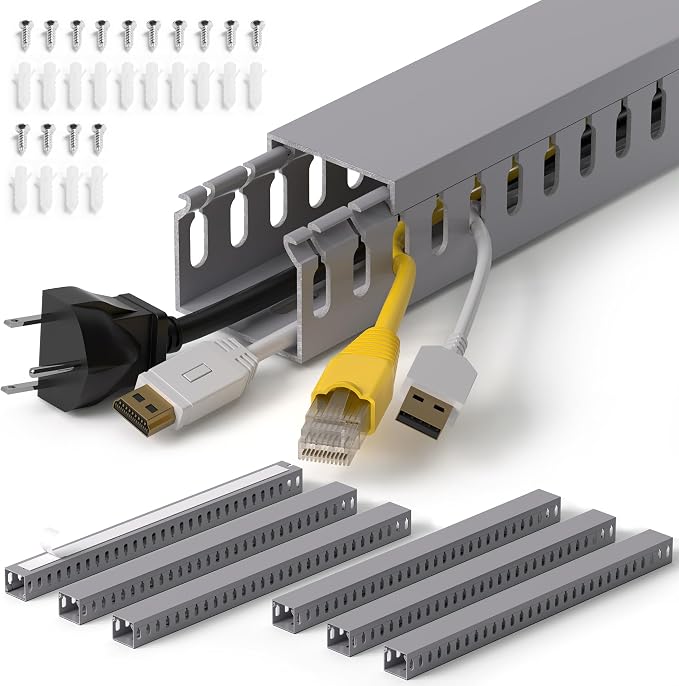 1.4"H x 1.6"W Cable Raceway, 99in Under Desk Wire Management Channel, Grey | Slotted Wire Duct, 6Pack, 16.5in Each, Heavy-Duty PVC Cable Management for Server Racks, Network Cables & Electrical Cabinets