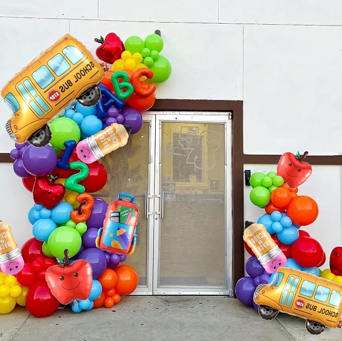 160Pcs Back To School Balloon Arch Garland Kit, Apples School Bus Pencil Schoolbag Rainbow Foil Balloons, First Day of School Classroom Kindergarten Graduation Decorations