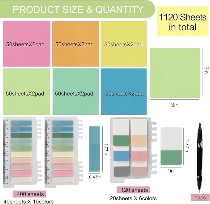 Vuzvuv 1120 Sheets Transparent Clear Sticky Notes with Pen,3x3 Inch Bulk Translucent Sticky Notes Set for Bible Tabs, Book Tabs, Office School Supplies(Rainbow Colors)