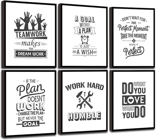 Teamwork Wall Art - Framed Motivational Canvas for Office and Bedroom - Quotes Decor Set of 6, 8X10in, Ready to Hang