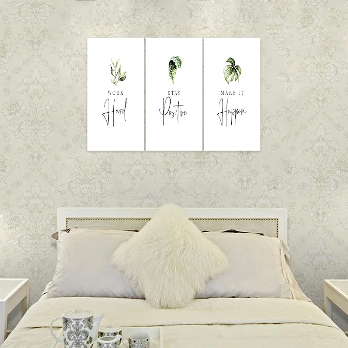 3 Piece Inspirational Wall Art, White Plants Sayings Picture, Quotes Work Stay Make it Canvas Prints for Office Decor, Triptych Entrepreneur Framed Artwork for Women Men Home Wall Decor (72" Wx36 H)