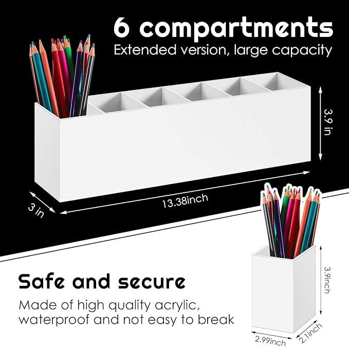 Jetec Acrylic Pen Holder 6 Compartments Makeup Brush Stationery Organizer Pencil Holder for Desk Accessories, Cosmetic Brushes, Dorm, Home, Bathroom, Kitchen, Office Supplies(White)