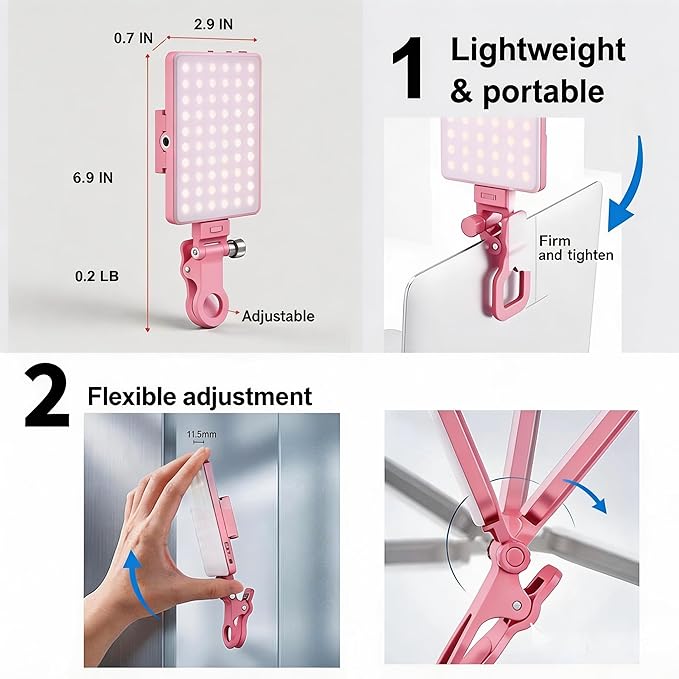 Selfie Light for iPhone-Camera Light for Content Creator -Portable Light-Clip on Light with 3 Mode&10 Brightness Levels, Ring Light for Phone for TikTok-Makeup-Video Recording-Vlog-Laptop-Pink