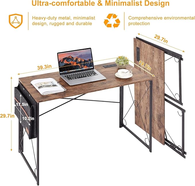 VECELO Folding Desk with with USB Charging Port 39 Inch Writing Desk with Storage Bag Sturdy Steel Laptop Table for Home Office Work Retro Brown