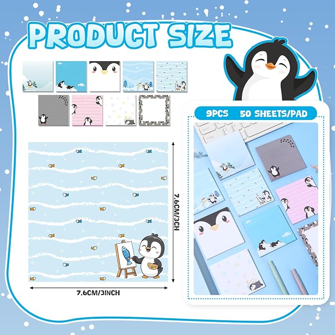 9 Pads Cute Sticky Notes Cartoon Self Stick Notepads 3x3 Inches Notes Adhesive Memo Pad Office Decor Gifts for Students School Teacher Office Meeting(Penguin)