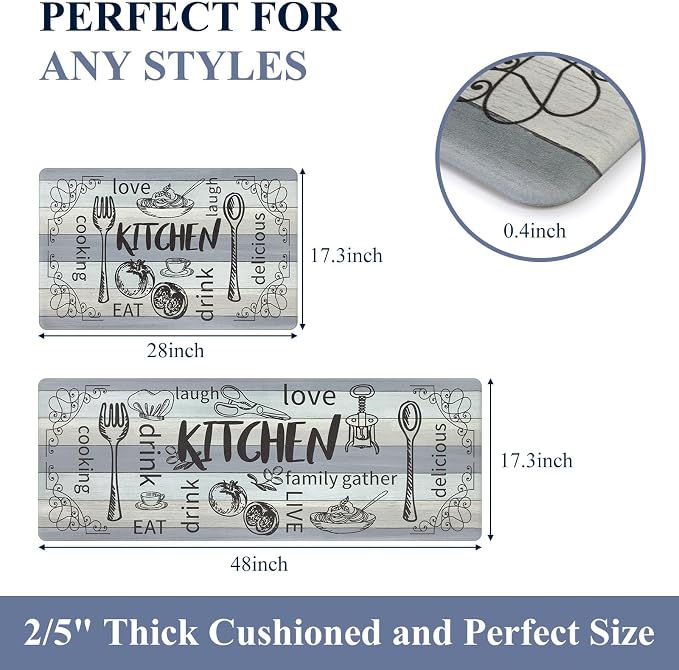 HEBE Kitchen Rugs Set of 2, Cushioned Anti Fatigue Kitchen Mats for Floor, Non Slip Waterproof Comfort Standing Desk Mat Carpet for Sink, Stove, Laundry Room