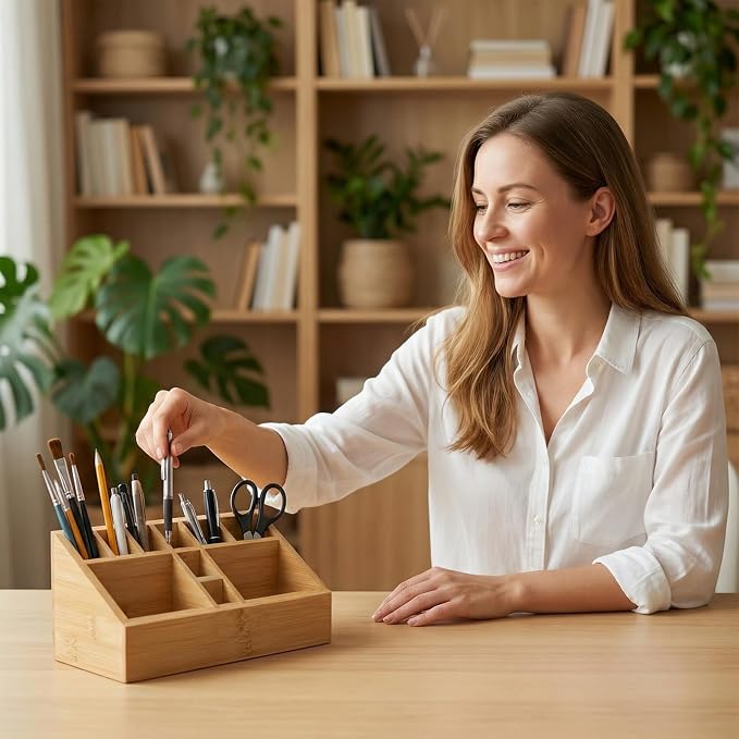Bamboo Art Supply Organizer Pen Holder | Wooden Desktop Storage, For Artists, Office Supplies, Makeup Brushes, Minimalist Desk Accessory