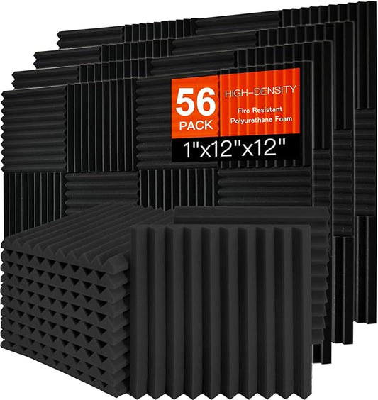 56 Pack Acoustic Foam Panels, 1" x 12"x 12" Sound Proof Foam Panels For Wall Fire Resistant, Noise Cancelling Dampening Sound Absorbing Black Wedge Panels For Studio Recording & Office & Home