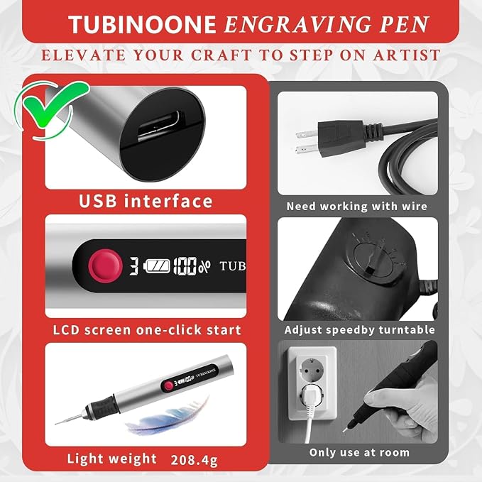 TUBINOONE Engraving Pen, Ultimate Cordless Portable Tool for Artists & DIYers - Engrave 50+ Surfaces - Beginner Friendly - Rechargeable - Free 30 Bits & Mastery Guide & Stencils (Silver)