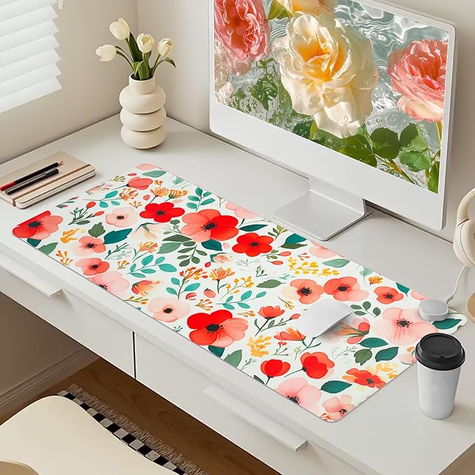 Bloss Red Floral Desk Mat for Desktop, Leather Desk Mat with Ink Painting Like, Red Flower Keyboard Mat, Women Girls Gift(31.5" X 15.7")