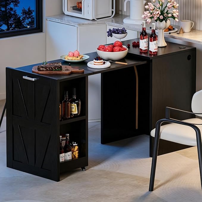 Folding Desk with Storage and Charging Station, Pull-Out Desk Cabinet with Spacious Desktop, Foldable Computer Table for Small Space, Black Oak