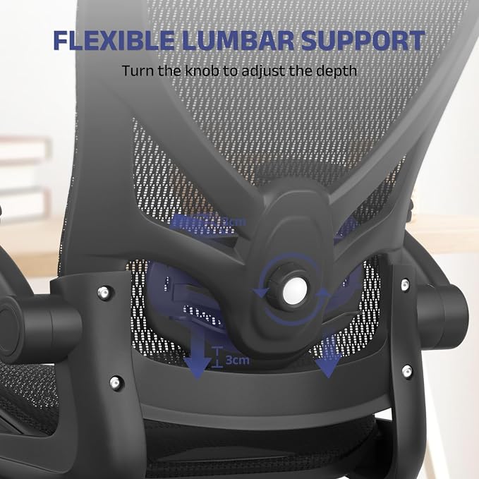naspaluro Home Office Chair with Flip-up Armrests Adjustable Headrest Lumbar Support, Mesh Desk Chair 90-120°Rocking Chairs for Home Office, Study, Work & Gaming, Black