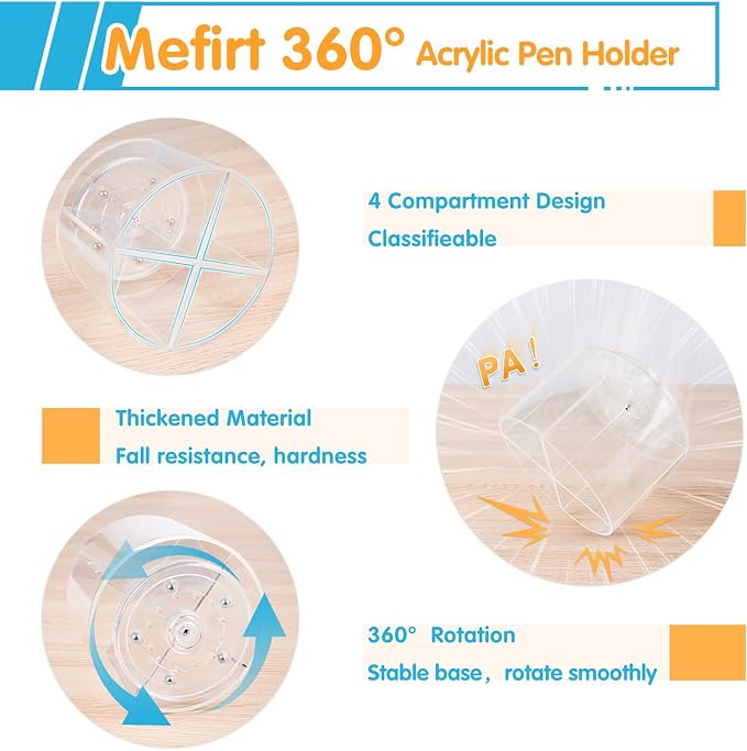 Mefirt Acrylic Pen Holder, 360 Degree Marker Organizer for Desk, Rotating Desk Storage With 4 Compartments, Art Supply Crayon Holder for Office School Home, Clear