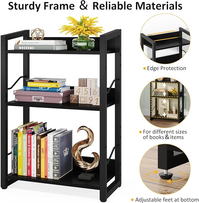 Hosfais 3-Tier Small Bookshelf with Edge Protection | Wood Book Shelf Industrial Bookshelf Metal Narrow Bookcase Storage Organizer Display Rack for Bedroom Home Office (Black)