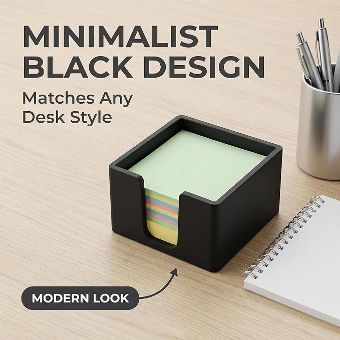 Silicone Sticky Note Holder for Desk - Modern 3x3 Inch Memo Pad Dispenser Post Note Holder, Minimalist Desk Storage Organizer for Office, Home, and School, Black