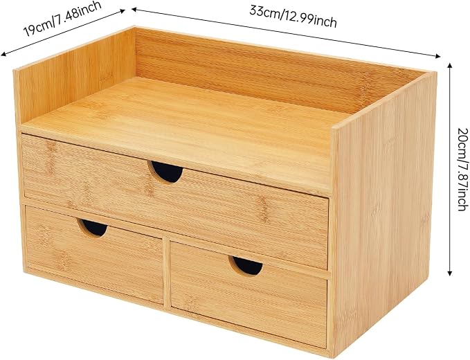 Desk Organizer, Office Vanity Bamboo Desk Organizer, Mini Bamboo Desk Drawer Tabletop Storage Box with 3 Drawer Night Stand Table Organizer for Makeup Vanity Office Supplies (3 Drawer, 1 Top+2 Bottom)