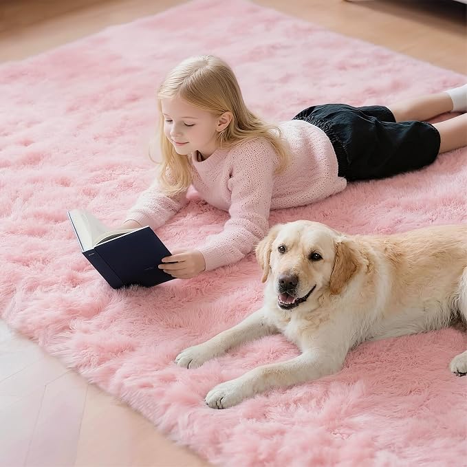 Shag Pink Small Rug 2x3 Area Rugs for Bedroom Dorm Bedside Living Room, Non-Slip Ultra Fluffy Soft Area Rugs for Entry, Kids Room, Study, Office, Playroom, Modern Small Carpet Décor