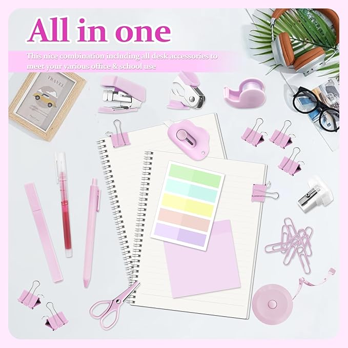 Mini School Supplies Kit, Pink Mini Stapler with Staples and Tape Dispenser Set, Mini Stationary Set Includes Sticky Notes Index Tabs Highlighters Gel Pens for Office & Back to School Supplies
