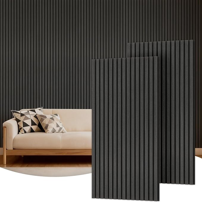 TONOR Wood Slatwall Panels, 2 Pack 47.2" x 23.6"/ 120 x60cm(15.5ft²) Acoustic Wall Panels, Wood Slat Acoustic Panels for Noise Cancelling and Wall Décor Living Room, Bedroom, Home Decor, Office, Black