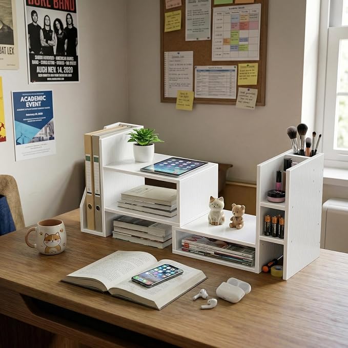 Desktop Shelf Desk Organizer File Holder - Dorm College Desk Bookshelf, Adjustable White Wood Shelving, Small Countertop Bookcase for Office Supplies, Student Study Desk & Home Organization Rack