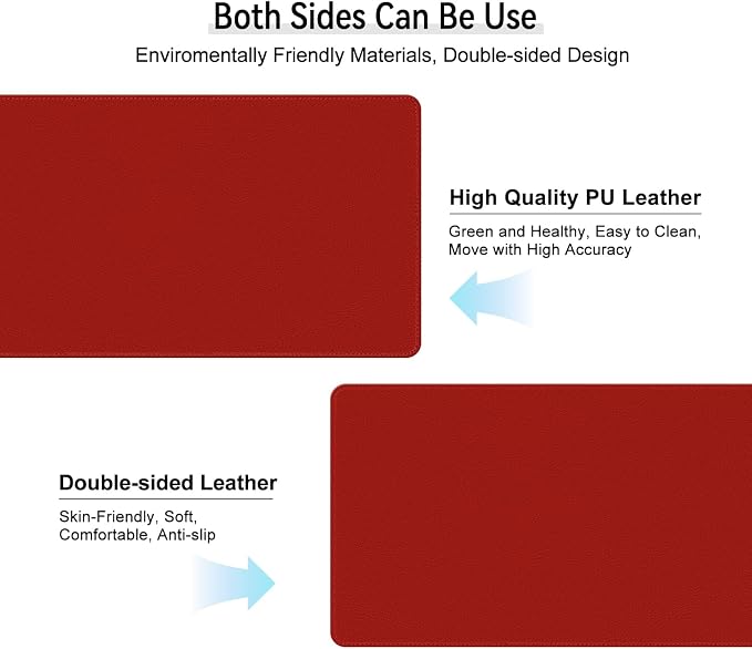Dual Sided Leather Desk Mat - Waterproof Desk Pad - Ideal for Large Mouse Pad and Desk Mats on Top of Desks (red, 33"*13")
