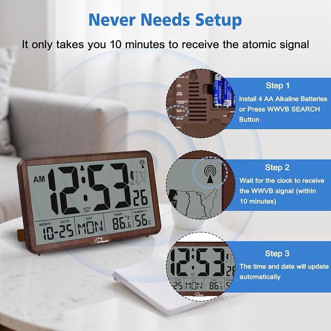 WallarGe Atomic Wall Clock with Backlight, Battery Operated | Large Digital Display, Indoor Temperature, Humidity, Date, AUTO DST, 6 Time Zones