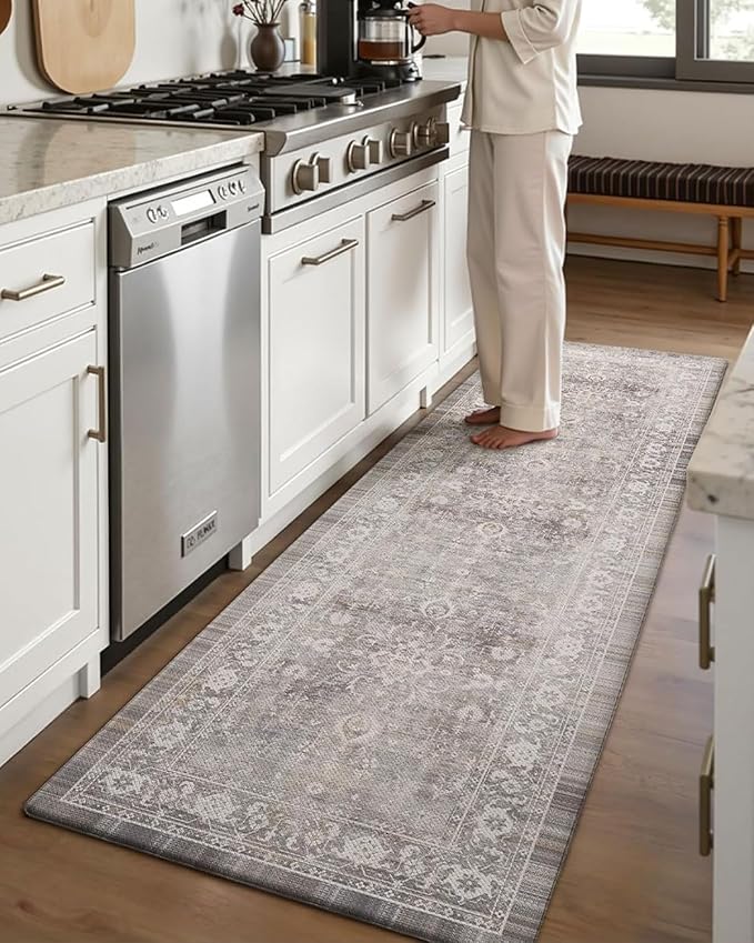 DEXI Kitchen Floor Mats Cushioned Anti Fatigue, 23x59 Long Wide Standing Comfort Runner Rug, Waterproof Retro Floral Memory Foam Padded for Front Sink Laundry, Beige Grey