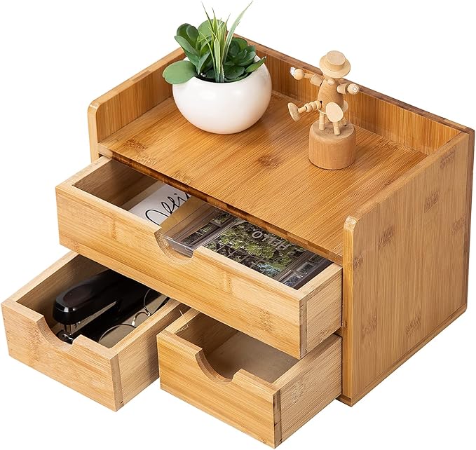 Rustic Bamboo Desk Organizer with Drawers,3-Drawer Desktop Storage Box | 3 Drawers Mini Open Top Shelf Pens, Notes, Makeup, Jewelry & Toiletries for Office, Bath Toiletries Vanity Office Supplies