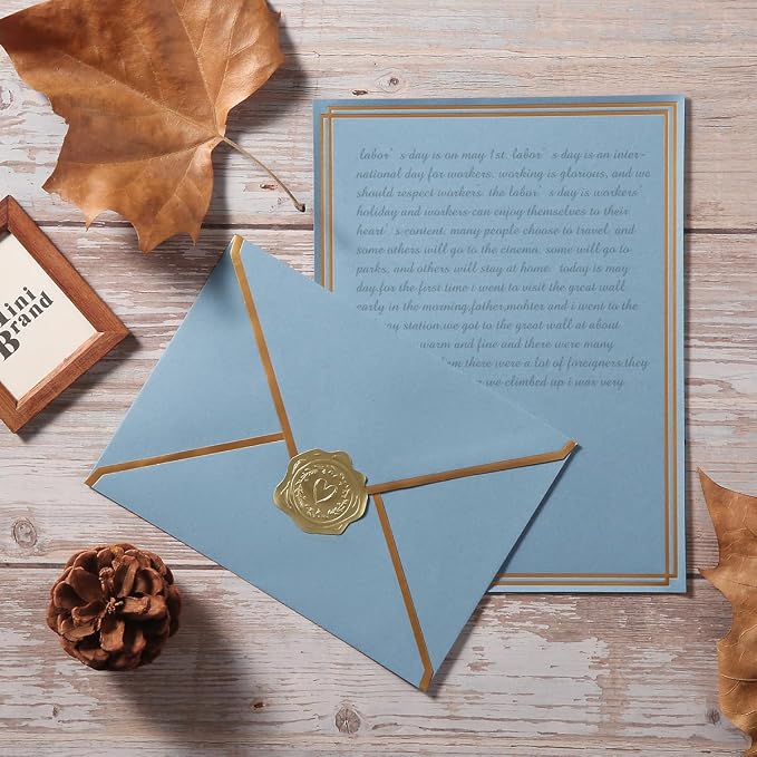 50 Pack Stationery Set with Envelopes, Dusty-Blue, 6x8 Inches | Gold Border, A6 Envelopes 4.75x6.5 inch and 6x8 Paper Sheets, Stickers for Letter Writing, Invitations