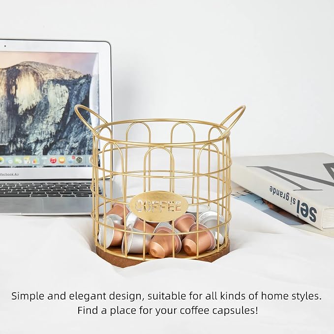 Coffee Pod Holder, Large Capacity K Cup Holder Organizer,Big Metal Kcup Capsule Storage Basket with Wooden Base, Coffee Bar Decor Station Accessories for Kitchen Counter Office Desktop (Gold)