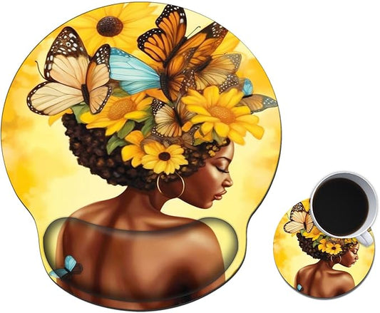 Mouse Pad with Wrist Support Gel, Ergonomic Mouse Pad with Comfortable Wrist Rest, Gaming Mousepad Non-Slip PU Base for Laptop Office Easy Typing & Pain Relief,African Butterflies Girl