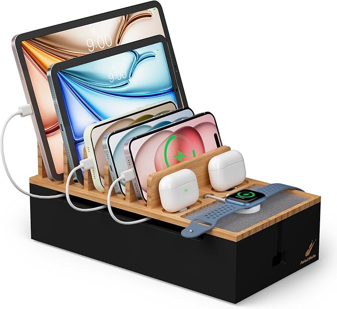 Pezin & Hulin Cord Organizer Box with 6 Wire Cables-Natural + Black | Surge Protector Organizer, Device Charger Station for Phones & Tablets, Wood Charging Dock , No Power Supply