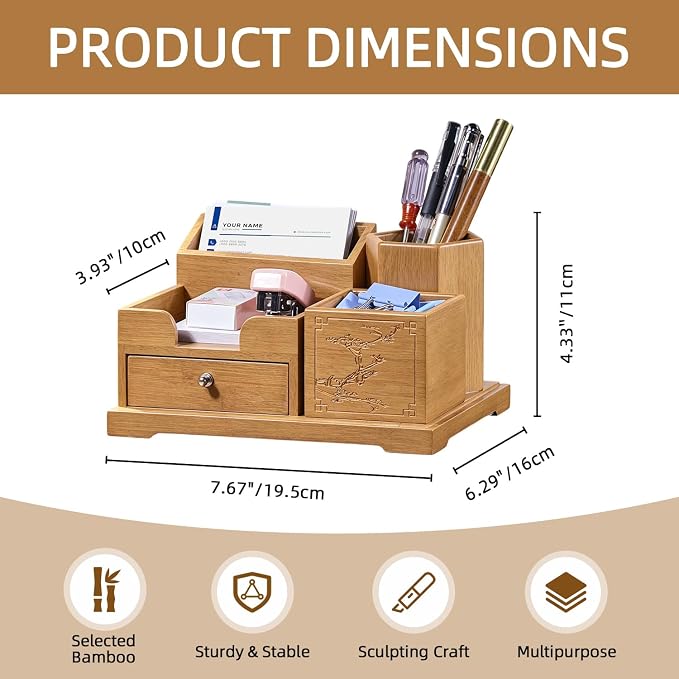 Bamboo Desk Organizer with Drawer & Pen Holder, Office Desk Caddy Storage | Natural Bamboo Wooden Desk Organizers and Accessories with Drawers Multi-Compartment Desktop Storage for Office Home Supplies