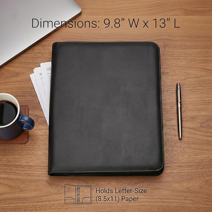 OOWOLF Padfolio Portfolio Folder, PU Leather Professional with 8.5 x 11 Letter Size Writing Pad Interview Resume Document Organizer Business Card Holder Zippered Closure