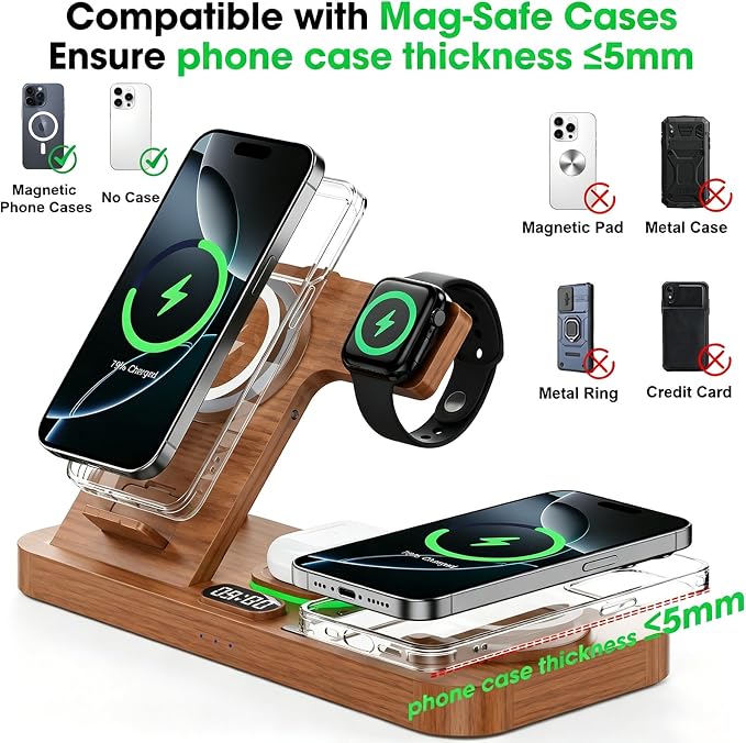 Dual Phone Wireless Charging Station for Apple Devices, Magnetic Charging Station for iPhone with Auto Switch 7-Color Light&Clock, Family Watch Charger for iPhone17 for iWatch11 for AirPods Pro3(Wood)