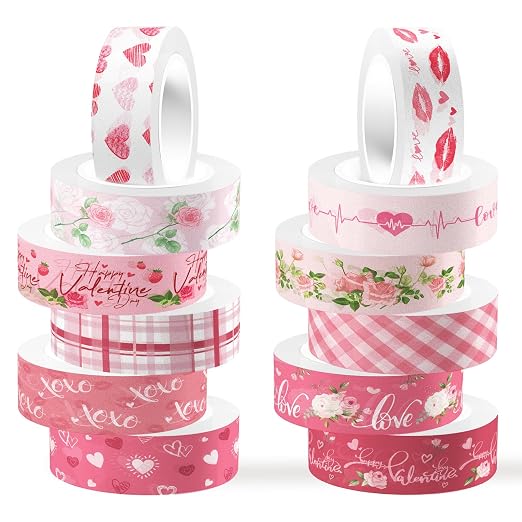 12 Rolls Pink Heart Washi Tape Set, Love Heart Cute Masking Tape Decorative Paper Tape for DIY Craft Wrapping Scrapbook Envelope Birthday Wedding Tea Party Decor,16.4FT