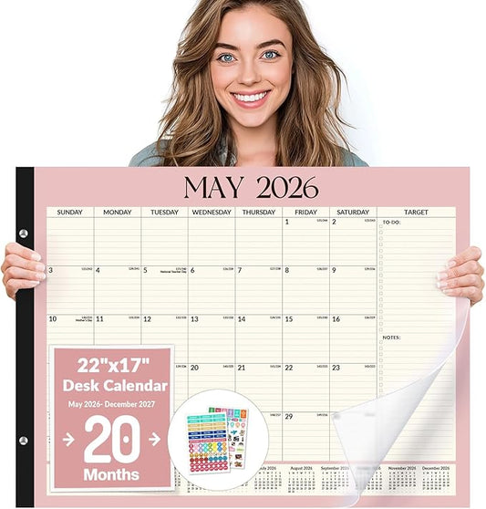 Forvencer Desk Calendar 2026-2027, 20 Months Calendar Runs from May 2026 to December 2027, 22" x 17" Large 2026 Desk Calendar Monthly Planner with Plastic Cover for Home School Office, Pink