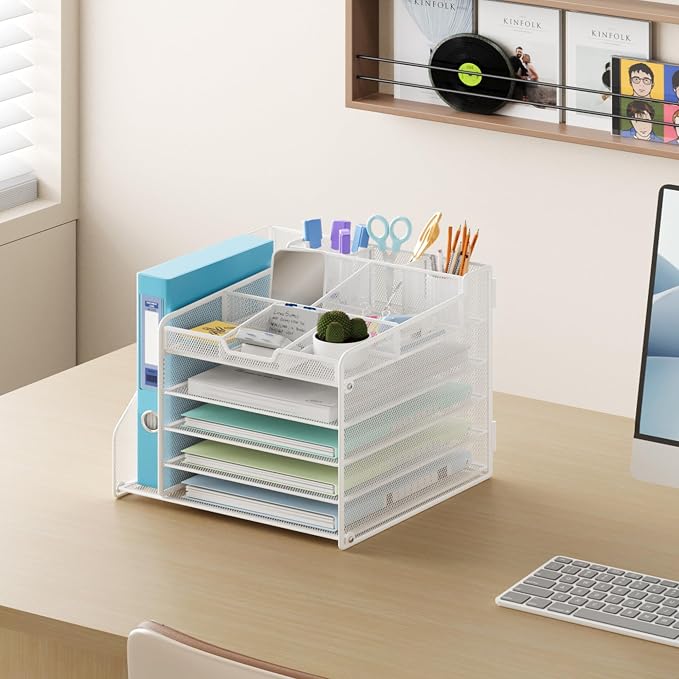 Lavatino Desk Organizer with File Holder, White 5-Tier Adjustable Paper Letter Tray for Office or Home Desk Organizers
