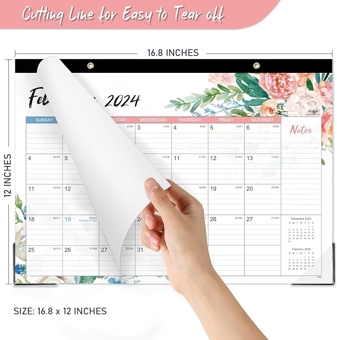 2024 Desk Calendar - Desk Calendar 2024,12 Monthly Desk/Wall Calendar 2-in-1, 16.8" x 12", January 2024 - December 2024, Thick Paper with Corner Protectors, Large Ruled Blocks - Blue Floral
