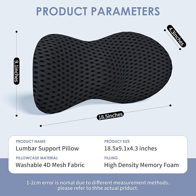 kasney Lumbar Support Pillow, Memory Foam Lumbar Pillow for Lower Back Pain Relief, Back Support Pillow for Office Chair, Car Seat - Black