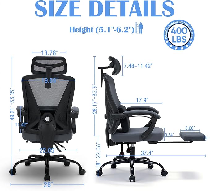 Ergonomic Office Desk Chair with Footrest - Adjustable Lumbar Support & 3D Headrest, 90-160° Reclining Mesh High-Back Rolling Work Swivel Computer Chair - Home Office/Gaming, 400lbs Capacity